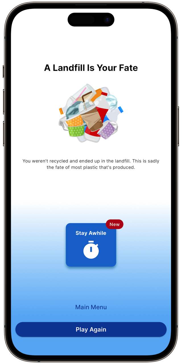 Screenshot of Last Bottle app showing the landfill endscreen.