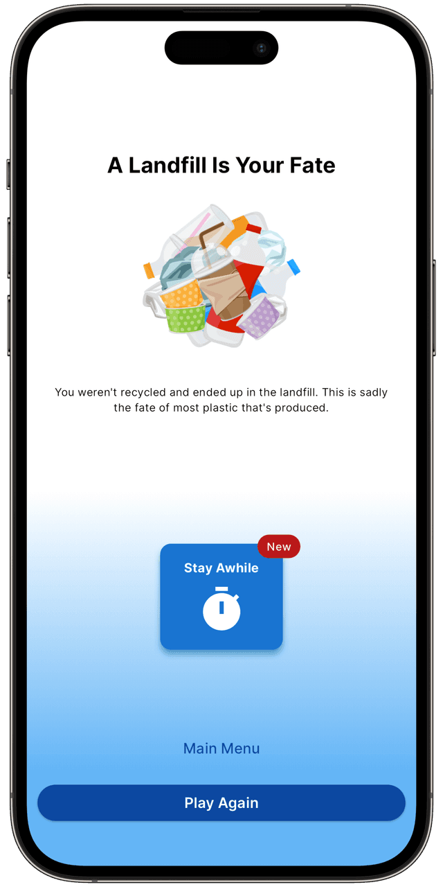 Screenshot of Last Bottle app showing the landfill endscreen.