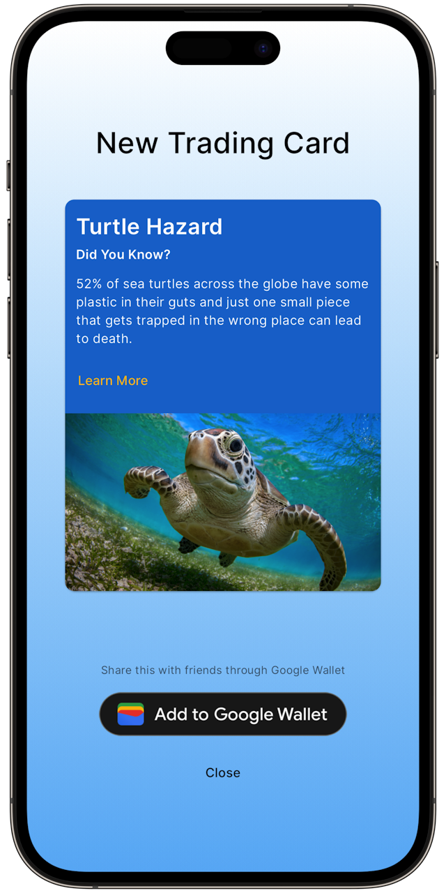 Screenshot of Last Bottle app showing a turtle hazard trading card